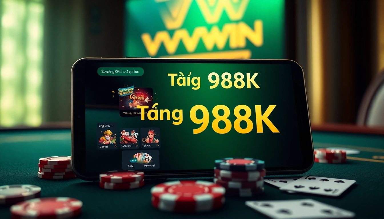 Exciting gaming scene showcasing VVVWIN88.live app with promotional offer of 988K, vibrant colors, and a modern gaming interface.