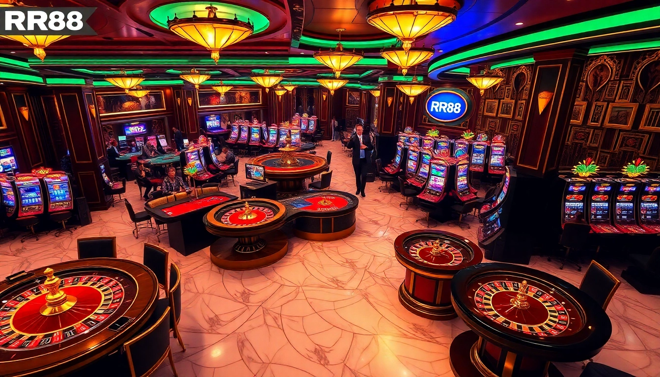 Experience the thrill at RR88 Casino with vibrant tables, spinning roulette wheels, and excited players.