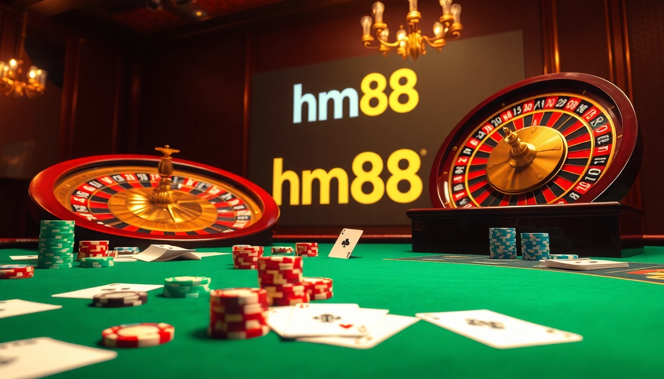 Experience excitement at hm88 with a luxury casino scene featuring poker tables and roulette wheels.