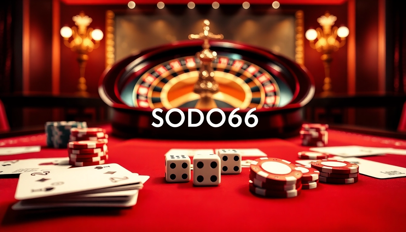 High-stakes gaming scene at SODO66 Casino with poker chips and a roulette wheel.