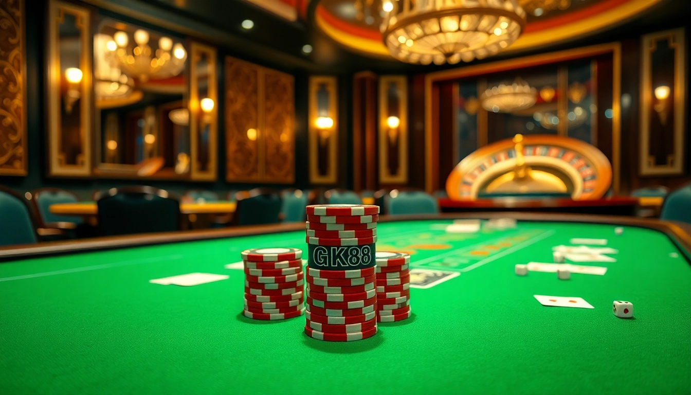 Engaging GK88 poker action with chips and cards in a luxurious casino setting.