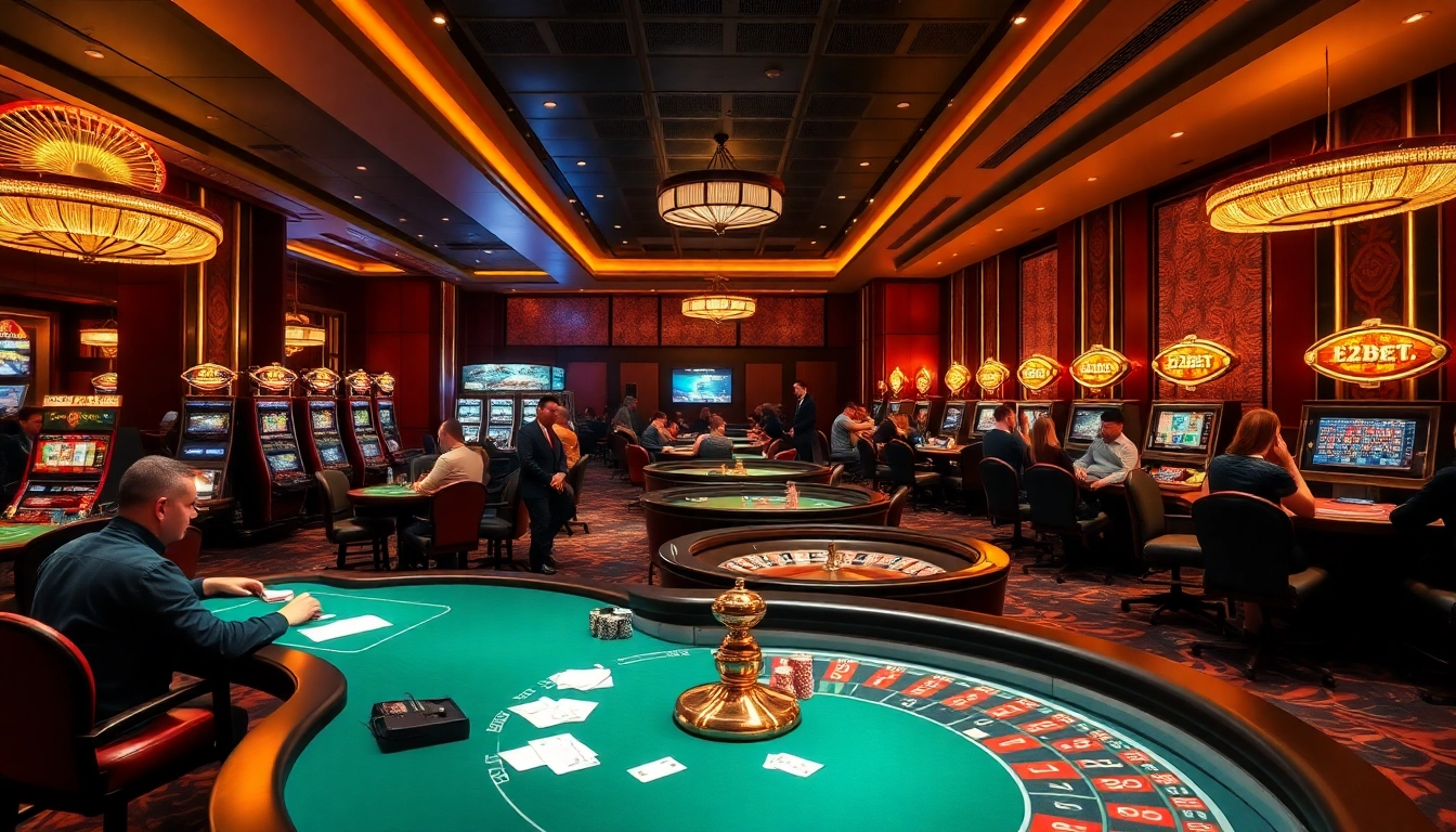 Players enjoying high-stakes poker and slot games in an upscale e2bet casino environment.