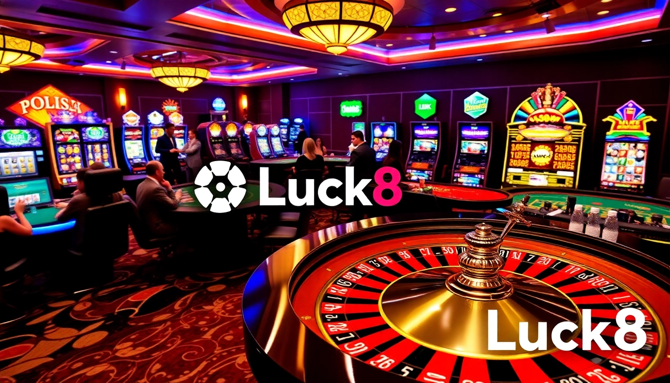 Exciting online casino atmosphere with Luck8 branding featuring roulette, slot machines, and engaging dealers.