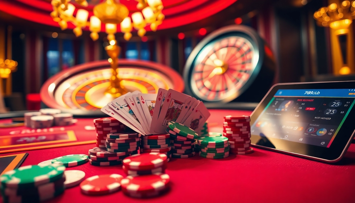 Join the thrilling action of 789club with players at a vibrant casino table, surrounded by roulette and poker games.