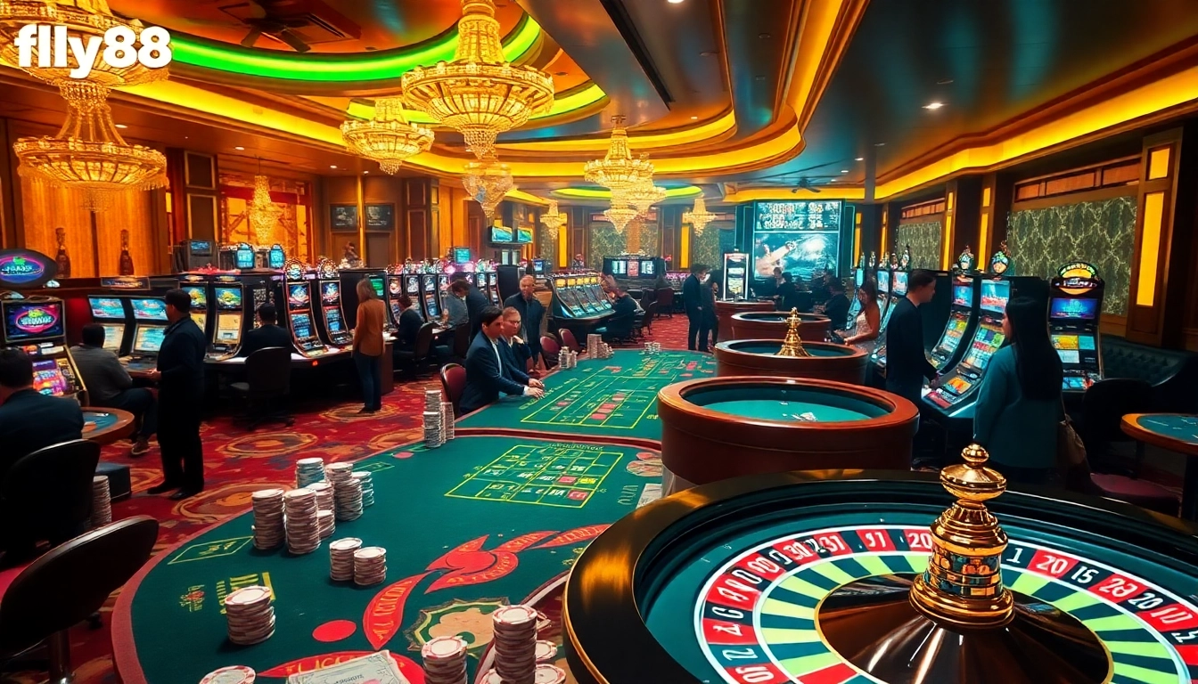 Experience the thrill of fly88 with vibrant casino games featuring colorful slot machines and poker chips.