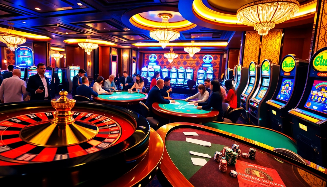 Excitement at Luck8882 casino featuring poker players, a spinning roulette wheel, and vibrant slot machines.