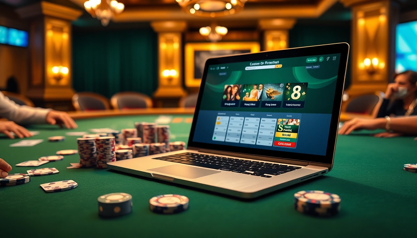 Luck8 engaging online gambling interface with vibrant casino elements like chips and cards.