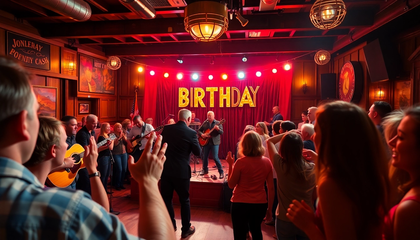 Johnny Cash's birthday celebration at johnnycashbirthday.com, featuring a vibrant live music performance and an enthusiastic crowd.