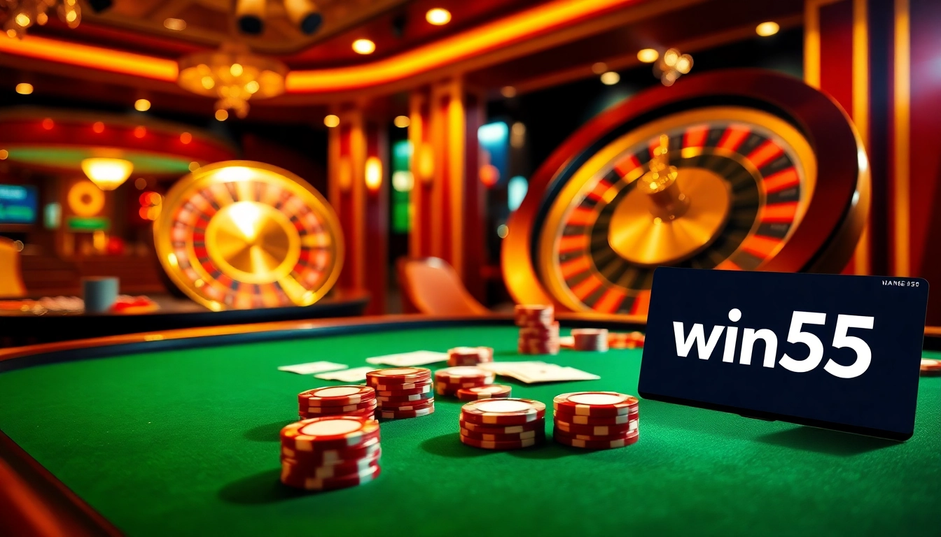 Engage with win55 at an exciting casino featuring vibrant poker tables and roulette games.