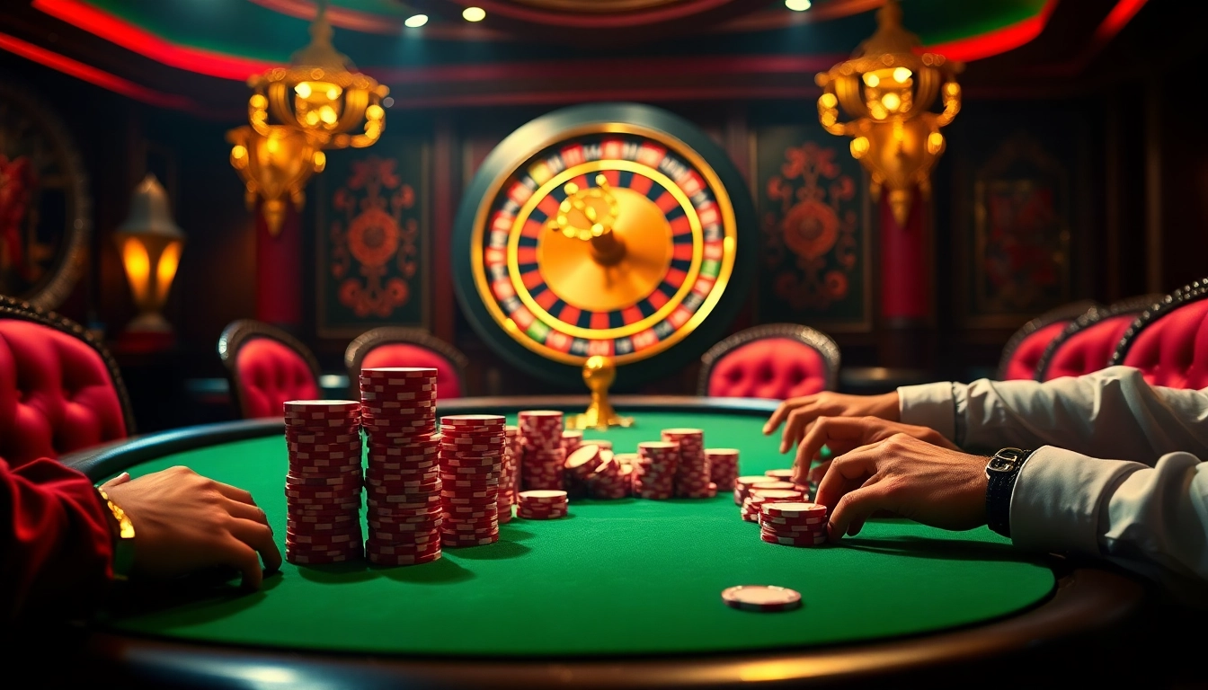 A thrilling poker game at https://wapt.co.com/ showcases vibrant casino elements, chips, and strategy.