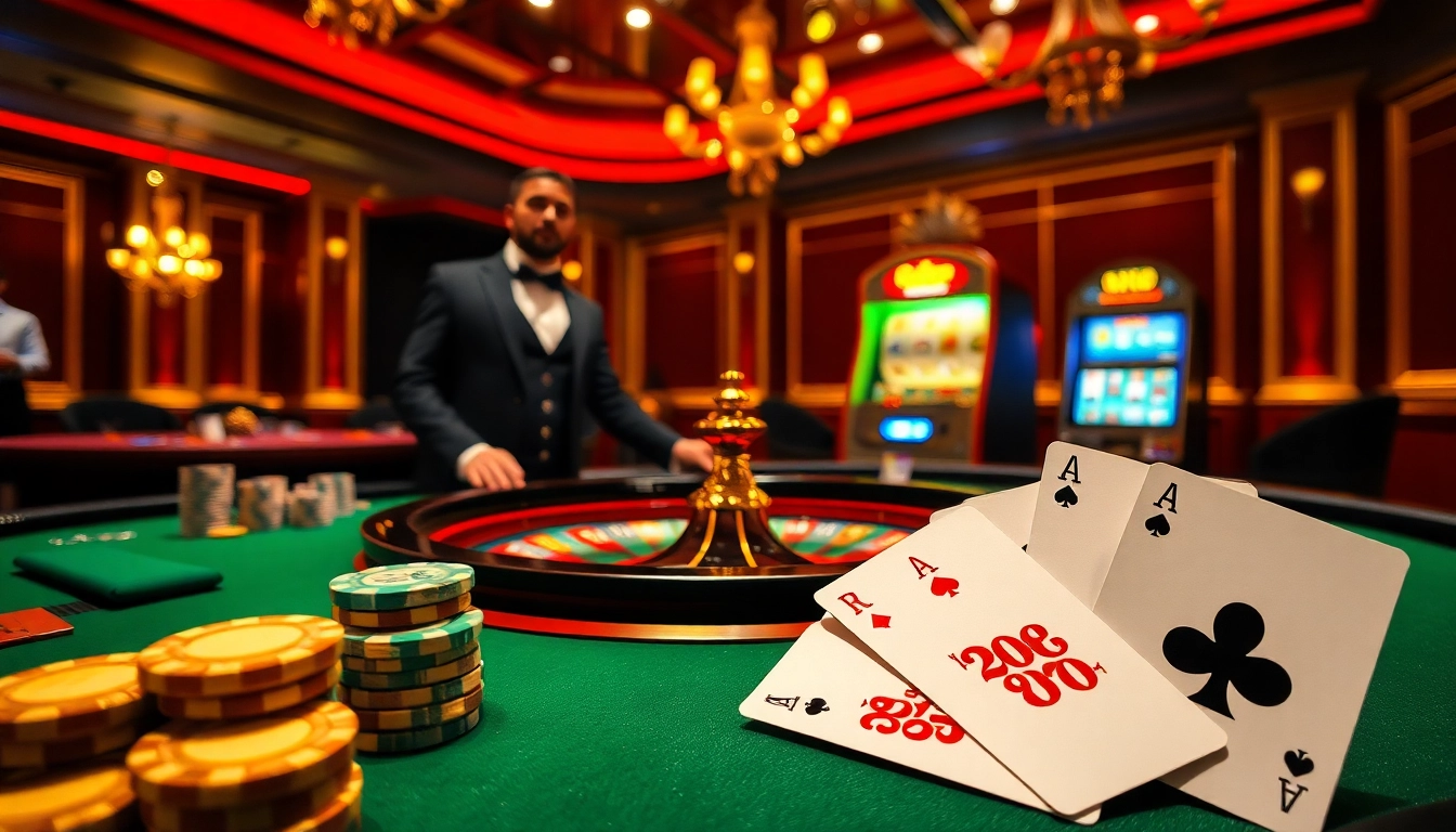 Experience a thrilling RR88 casino atmosphere with a roulette table, poker chips, and vibrant slot machines.