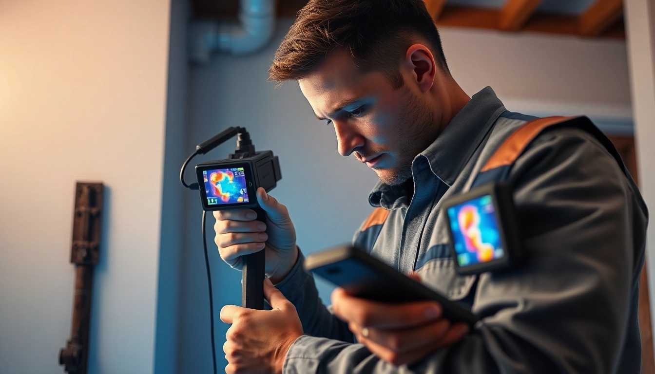 Leak detection technician using advanced technology in a home setting.