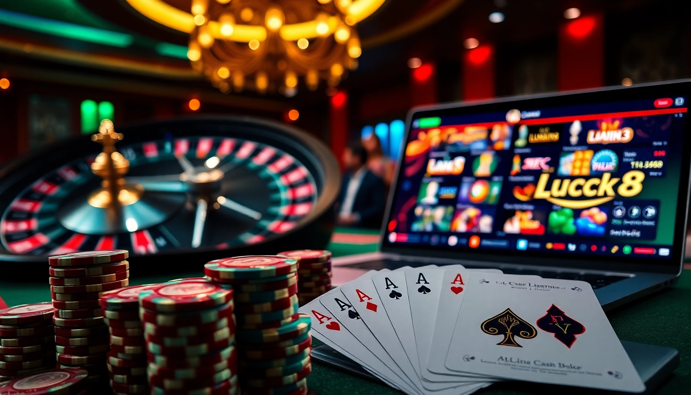 Luck8 casino scene with roulette wheel and poker chips under casino lights.