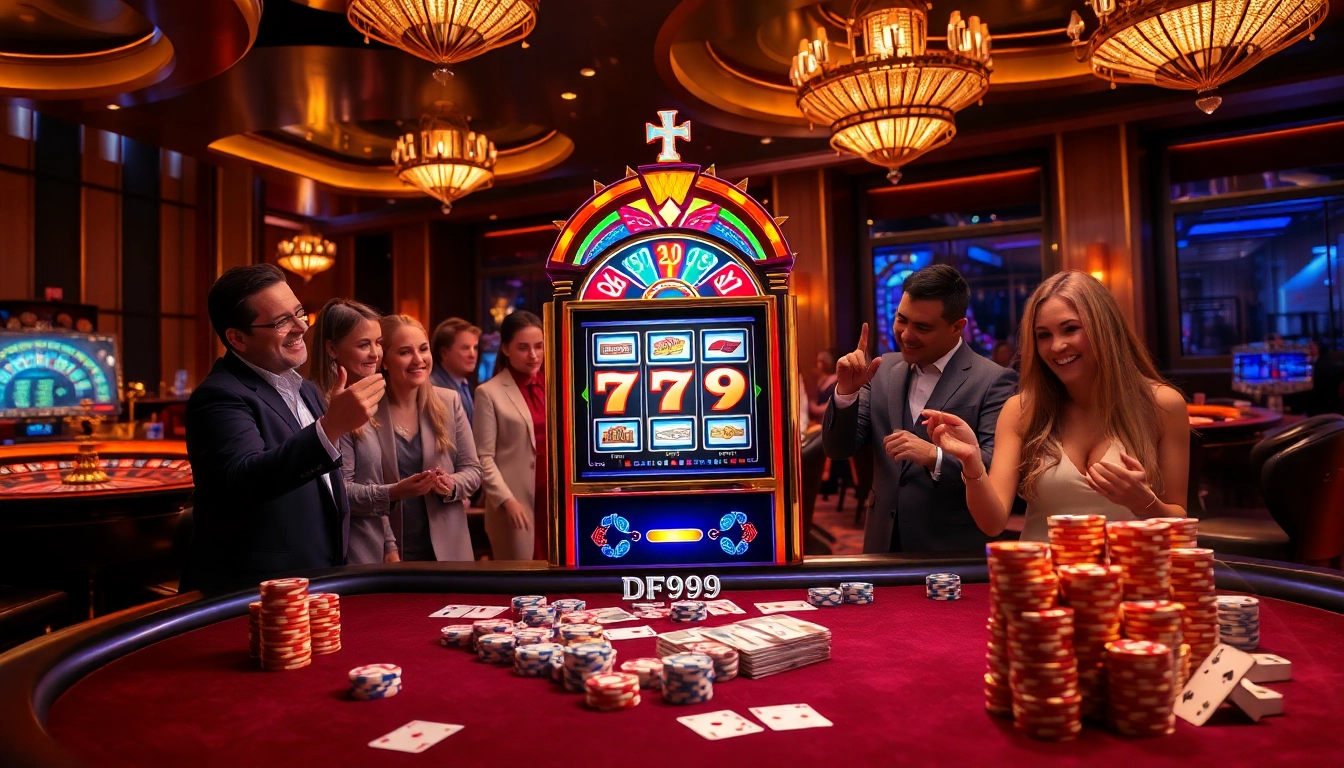 Enjoying the excitement of DF999 Slot in a luxurious casino environment with eager players and vibrant lights.