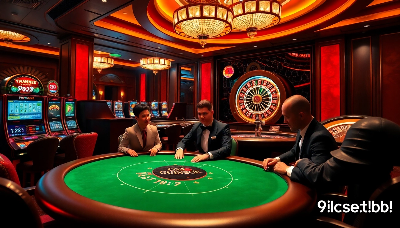 Experience the excitement at i9bet2h.club with vibrant casino scenes featuring poker tables and slot machines.