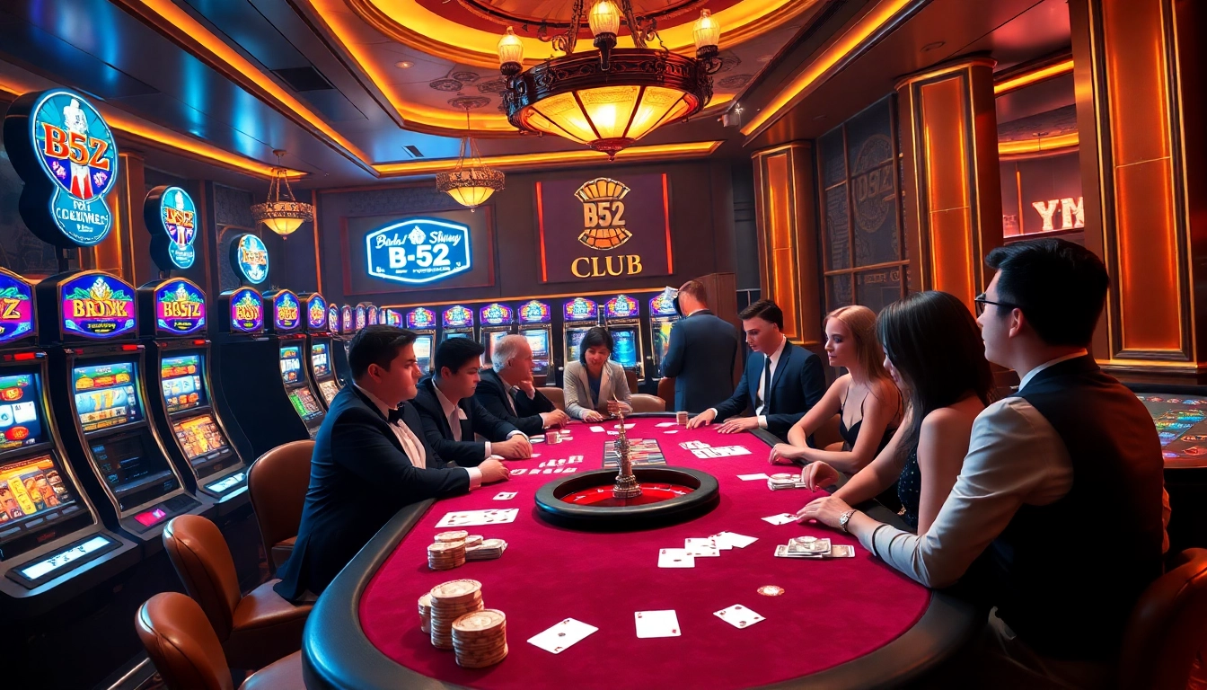 Experience the thrill of the b52 club with players enjoying high-stakes poker games in a luxurious casino setting.