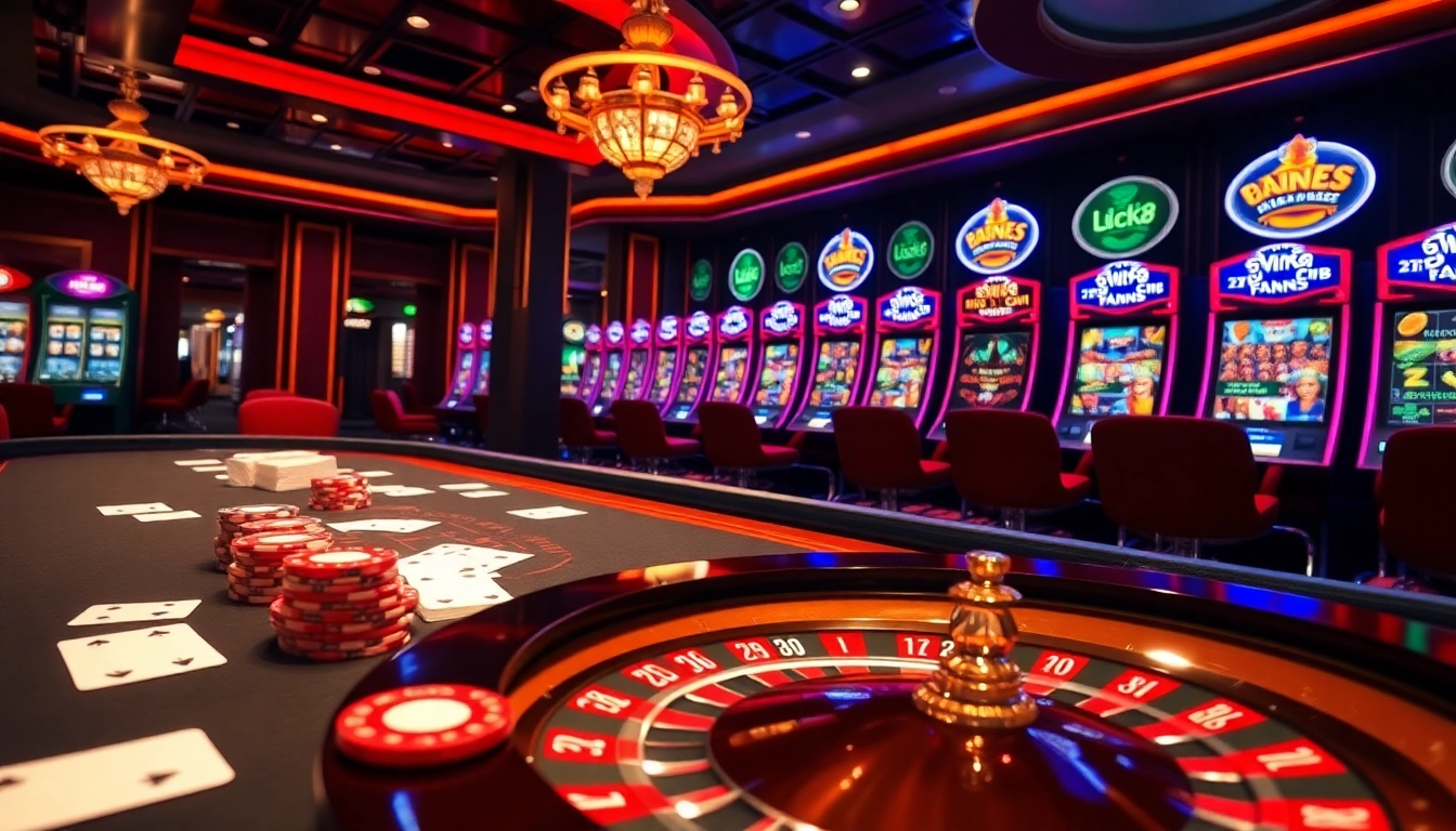 Luck8 casino scene featuring luxury gaming tables, poker chips, and a roulette wheel for an engaging gambling experience.