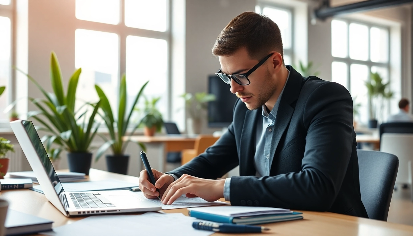 Fill out the eta uk application form in a bright, modern office setting.