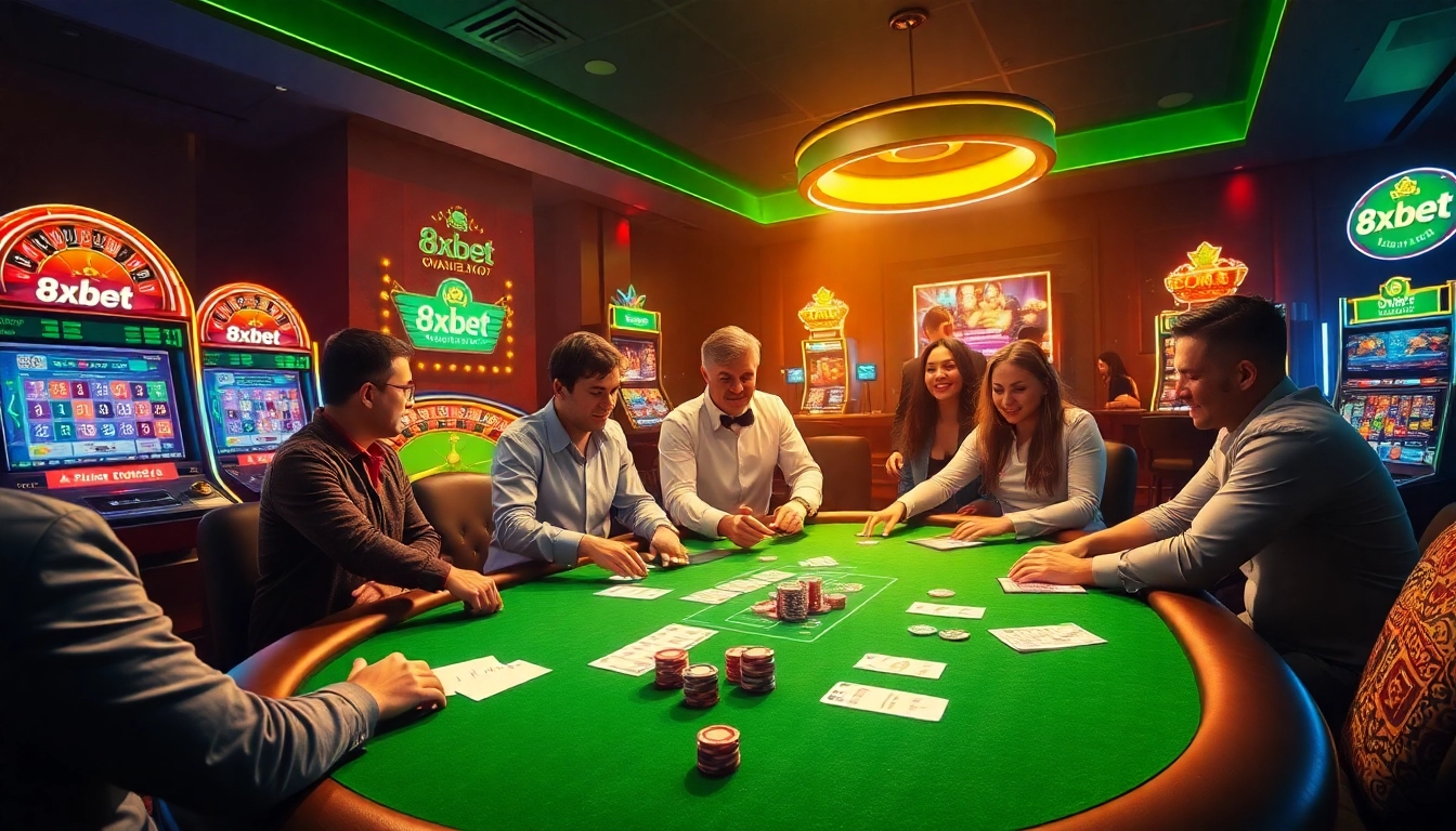 Excited gamblers at a vibrant poker table with 8xbet branding, celebrating wins in a luxurious casino setting.