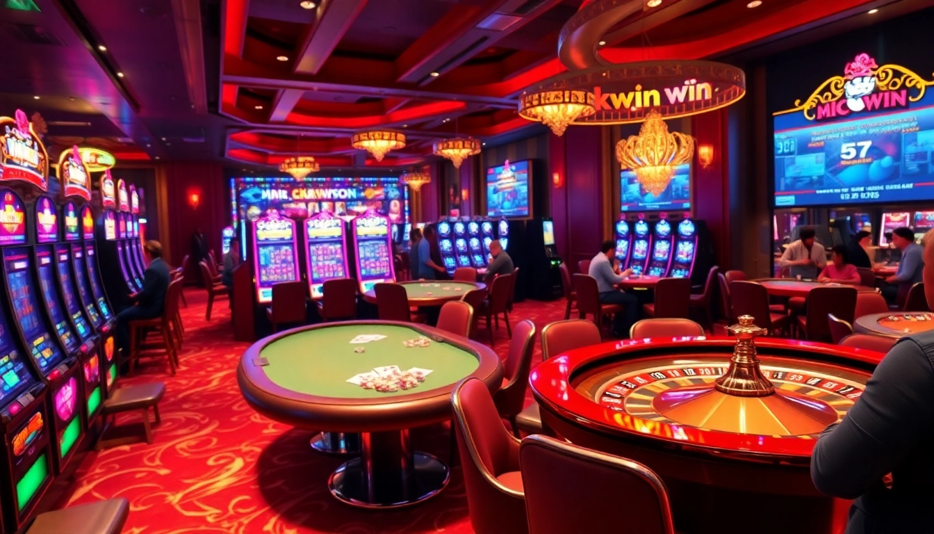 Kwin casino scene featuring vibrant poker tables, slot machines, and a lively roulette wheel.