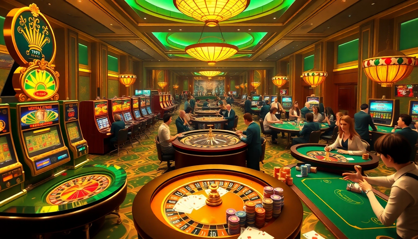 Tập đoàn truyền thông TPJ enhances gamer excitement with a professional casino scene showcasing vibrant slots and poker tables.