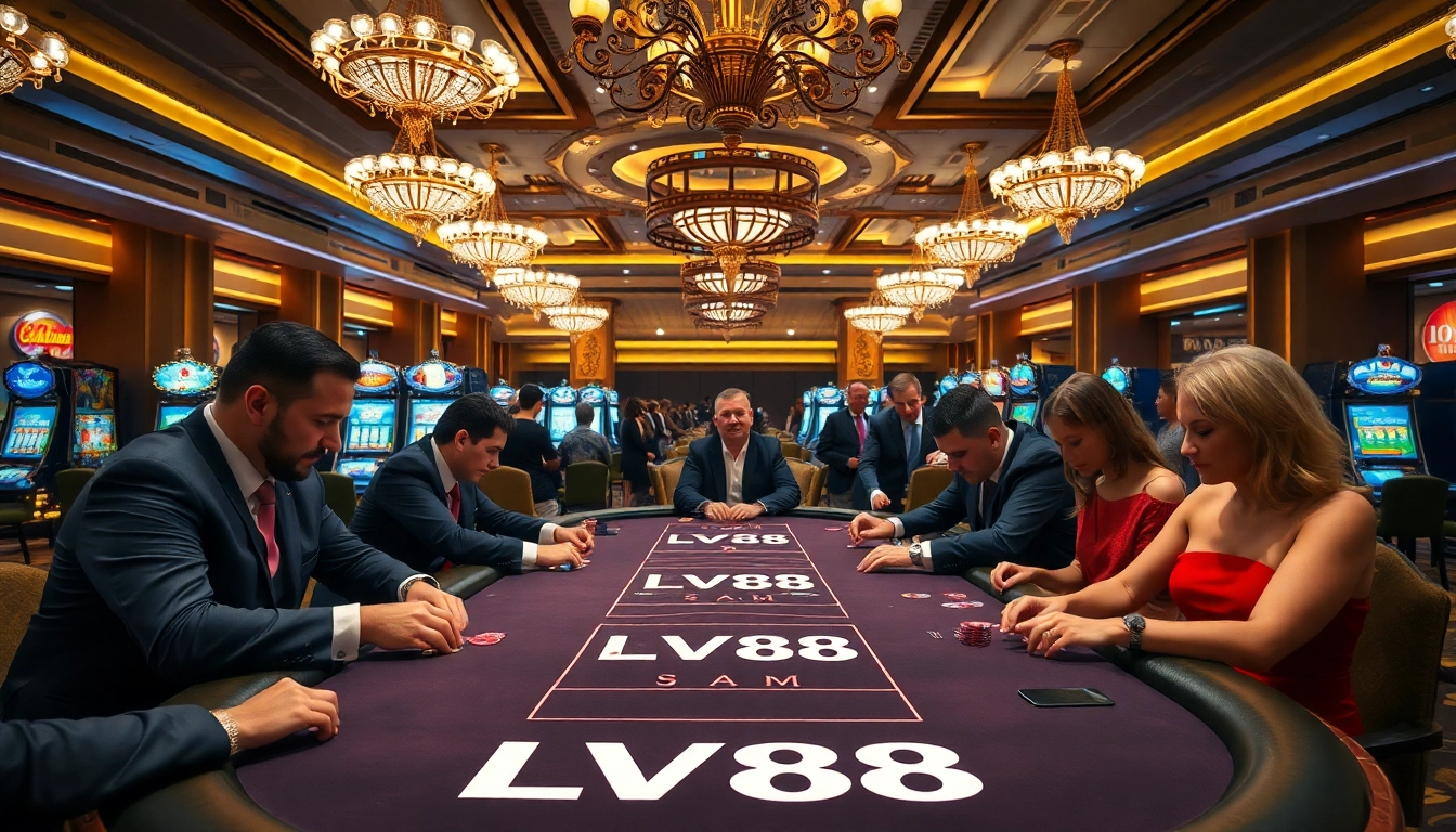 Players enjoying intense poker action at an LV88 branded casino table with vibrant lights.