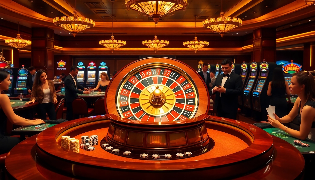Players enjoying casino games at a luxurious venue with the luckywin wheel.
