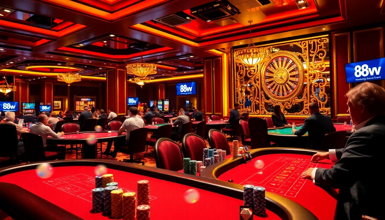 Experience the thrill of gaming at 88vv with poker chips and vibrant casino tables.
