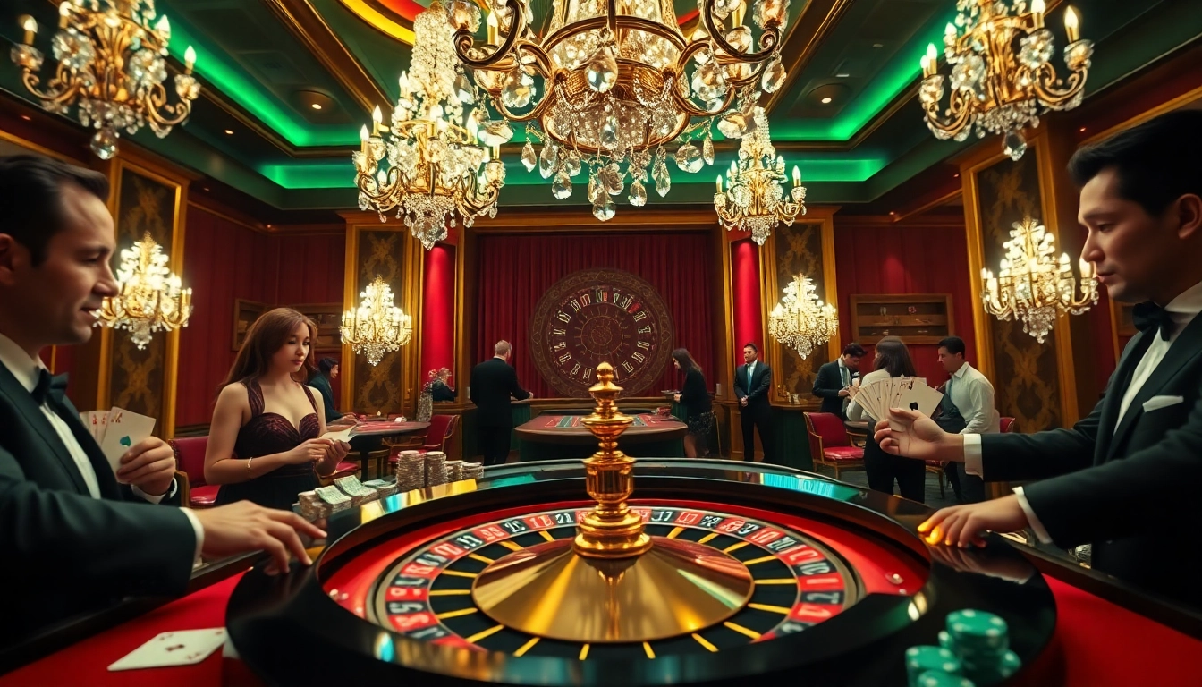 Luck8 roulette table with players betting chips in a glamorous casino setting.