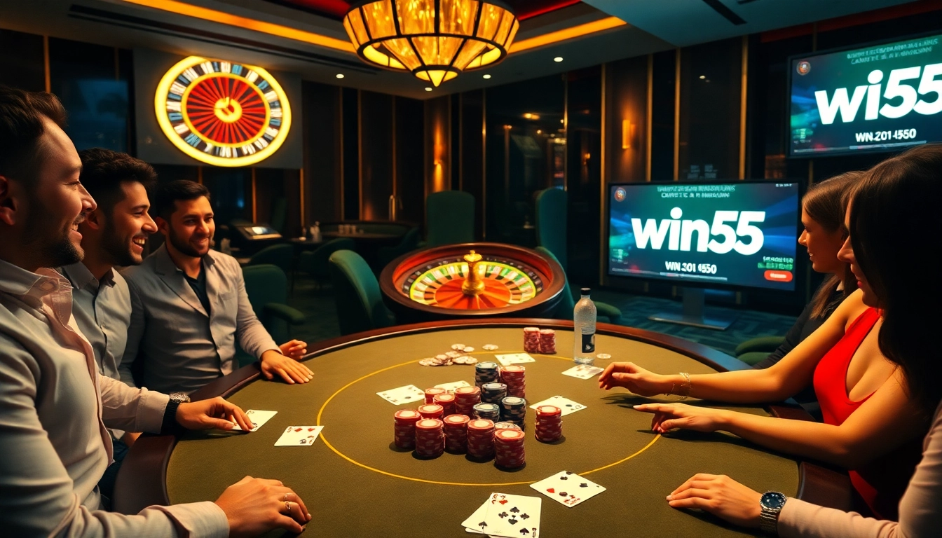 Betting at a luxurious poker table while showcasing the Win55 gaming experience.