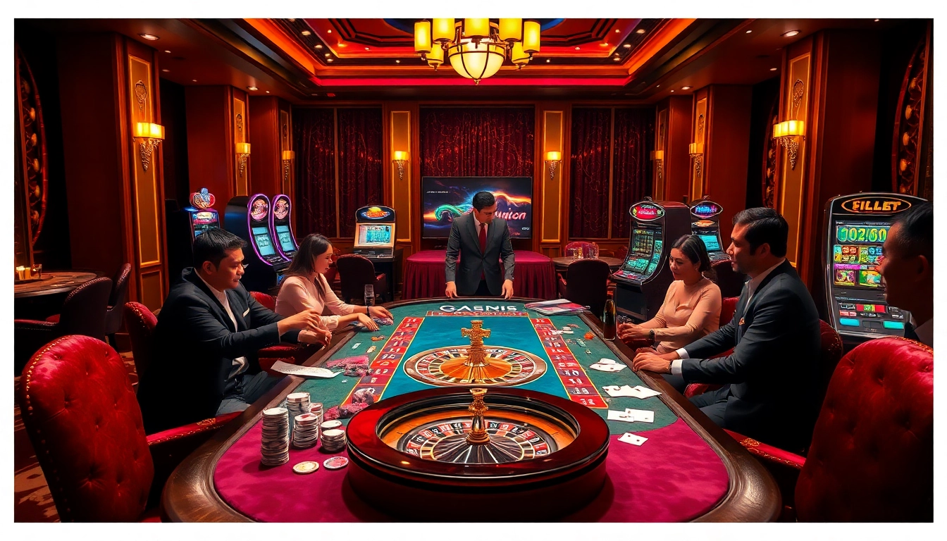 Players enjoying high-stakes gaming at rikvip368.com, featuring casino tables and vibrant chips.