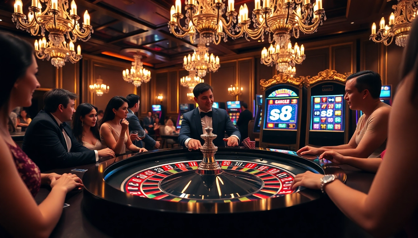 Experience the excitement of gambling with s8 chips on a luxurious roulette table in a vibrant casino.
