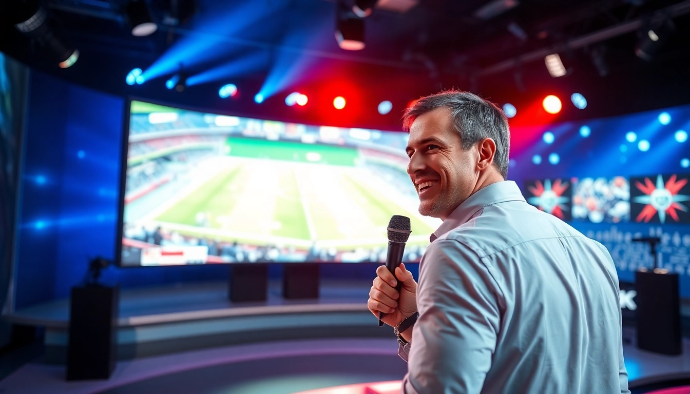 Engaging sports broadcasting scenario with commentators discussing live events.