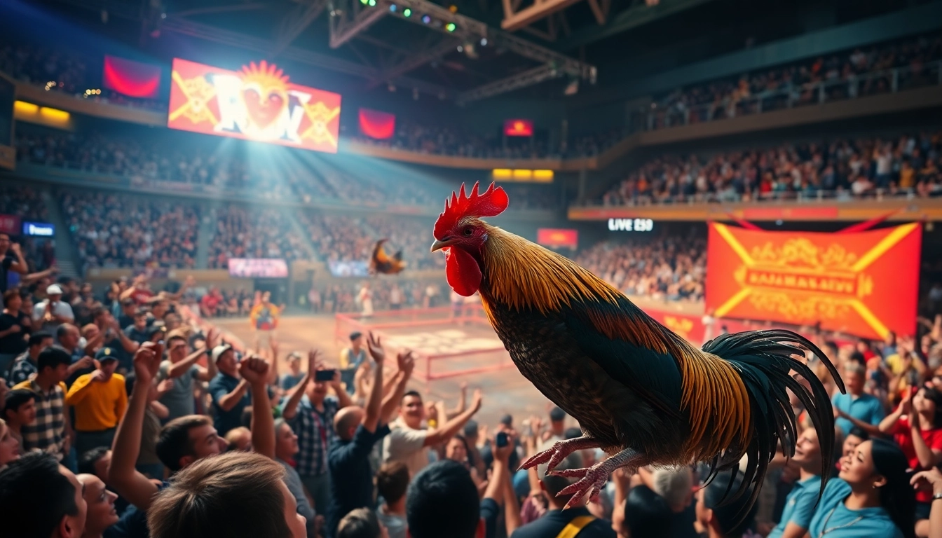 Exciting live rooster fighting at dagawin.live with cheering crowd