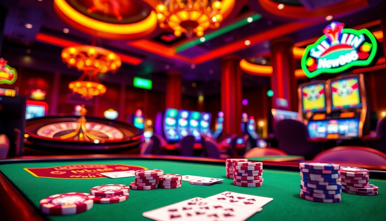 Experience high-stakes gaming at New888 with vibrant casino visuals featuring roulette and poker.