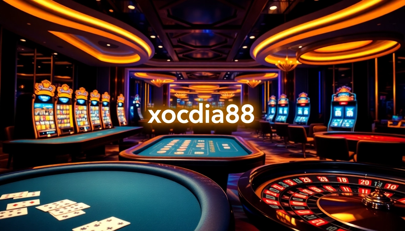 Xocdia88 casino scene with poker tables, cards, and vibrant slot machines in a luxurious setting.