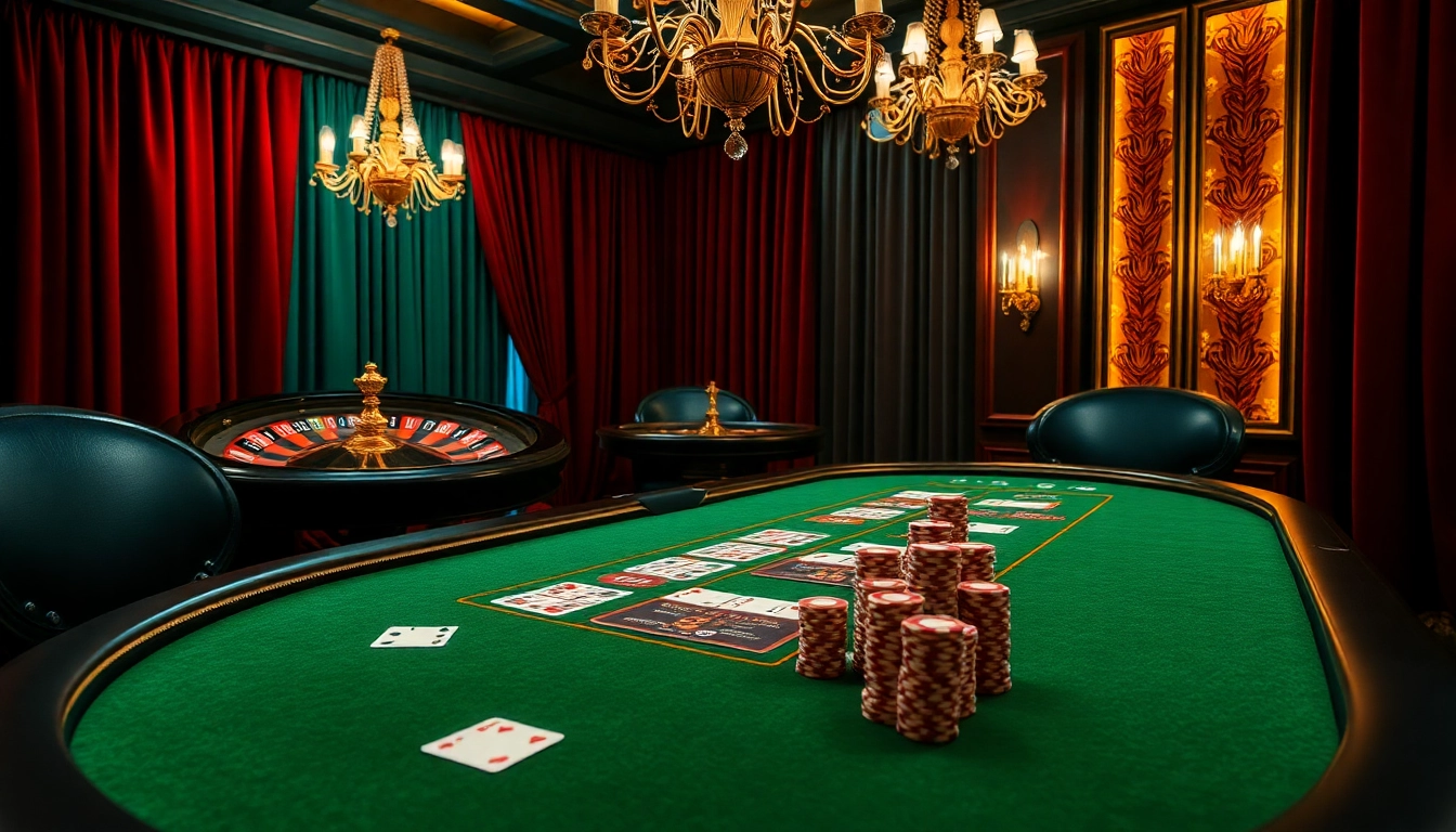 Experience the luxury of gambling at a 5MB themed poker table with colorful chips and cards.